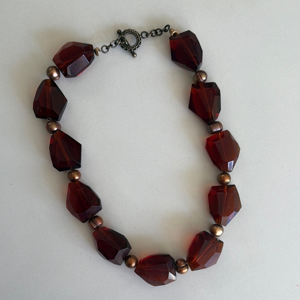 Dark Cherry Faceted Red Glass Necklace Large Stones